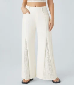 Wide Leg Jeans|Jeans<HALARA Flex™ Mid Rise Pockets Wide Leg Contrast Lace Casual Jeans