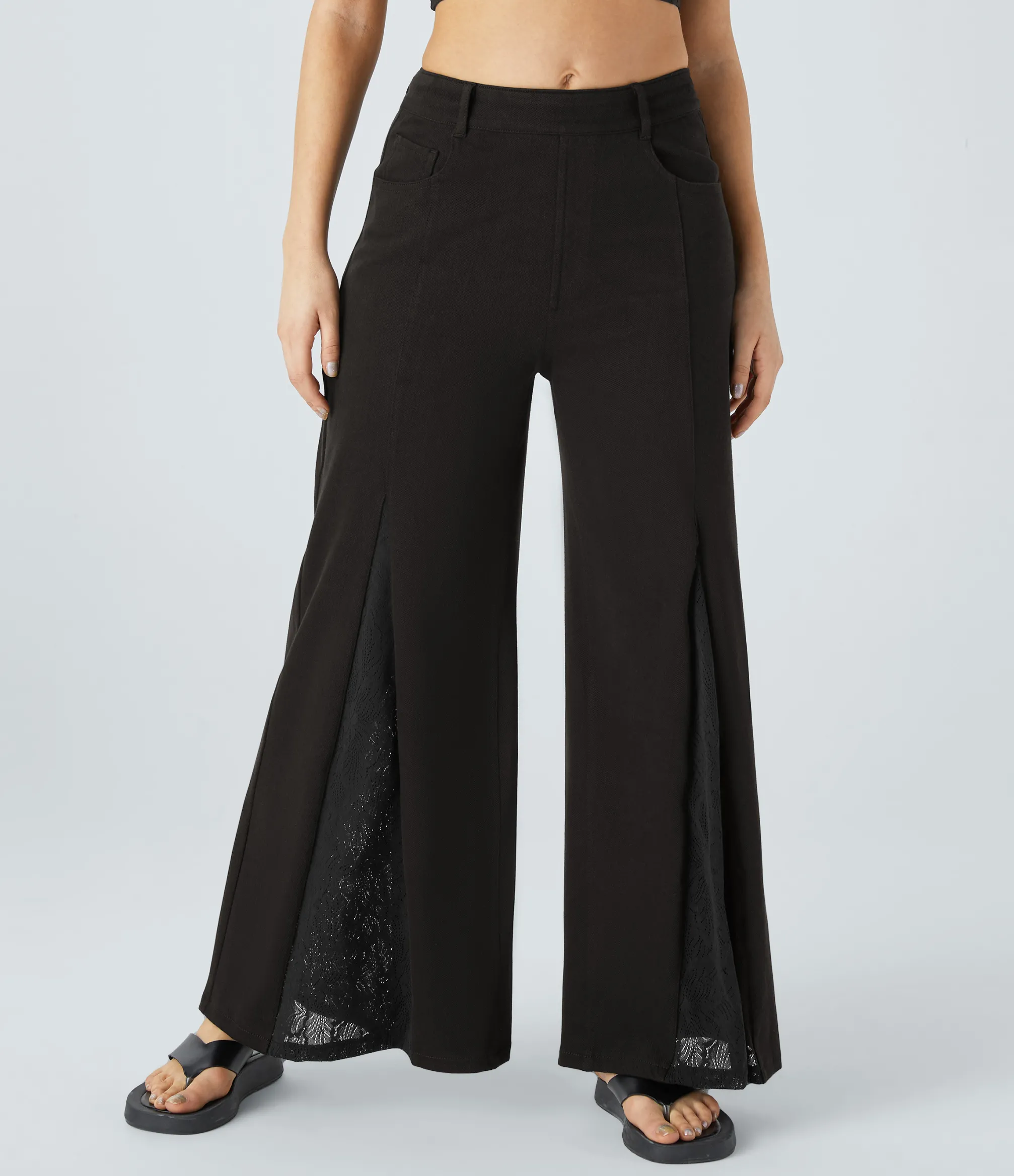 Wide Leg Jeans|Jeans<HALARA Flex™ Mid Rise Pockets Wide Leg Contrast Lace Casual Jeans