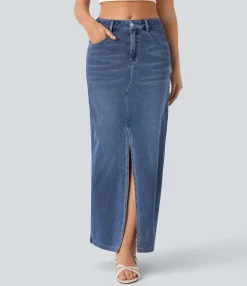 Denim Skirts|Straight-Leg Jeans<HALARA Flex™ Mid Rise Pockets Straight Maxi Washed Denim Casual Skirt