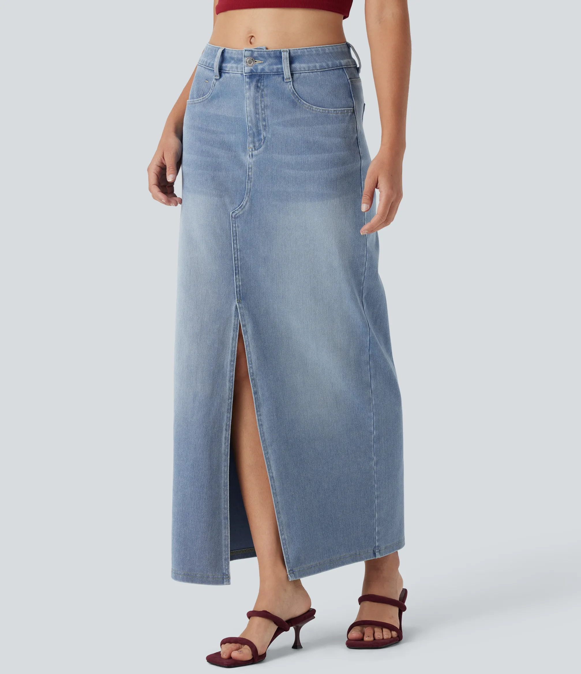 Denim Skirts|Straight-Leg Jeans<HALARA Flex™ Mid Rise Pockets Straight Maxi Washed Denim Casual Skirt