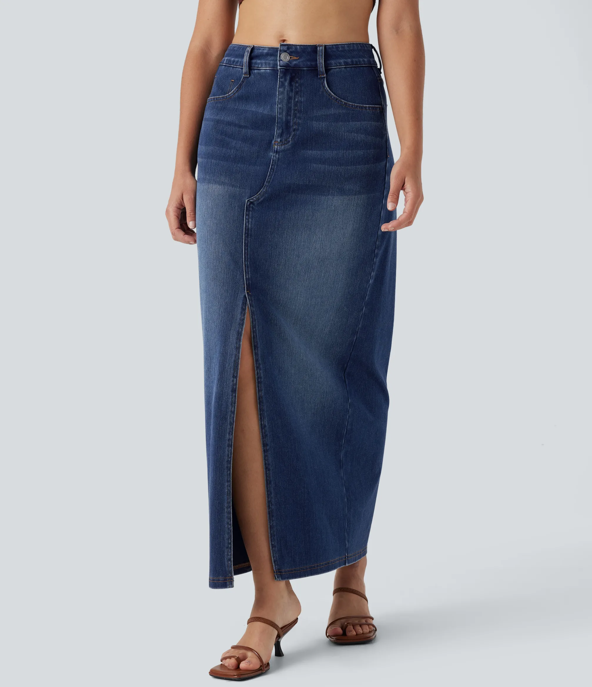 Denim Skirts|Straight-Leg Jeans<HALARA Flex™ Mid Rise Pockets Straight Maxi Washed Denim Casual Skirt