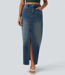 Denim Skirts|Straight-Leg Jeans<HALARA Flex™ Mid Rise Pockets Straight Maxi Washed Denim Casual Skirt