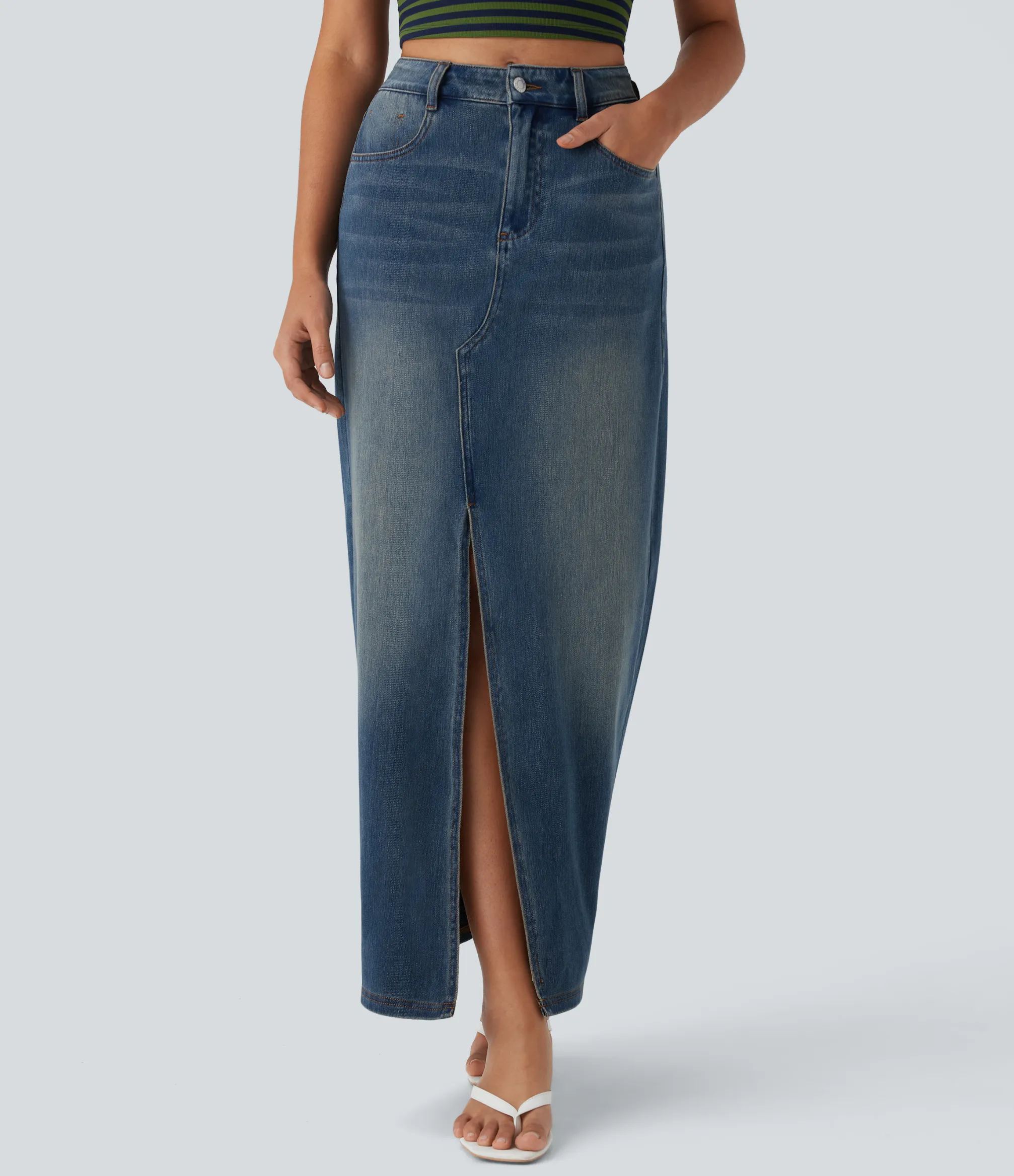 Denim Skirts|Straight-Leg Jeans<HALARA Flex™ Mid Rise Pockets Straight Maxi Washed Denim Casual Skirt