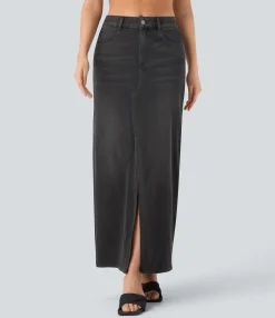 Denim Skirts|Straight-Leg Jeans<HALARA Flex™ Mid Rise Pockets Straight Maxi Washed Denim Casual Skirt