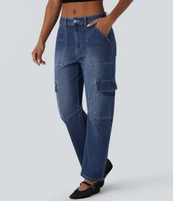 Jeans<HALARA Flex™ Mid Rise Pockets Washed Casual Barrel Cargo Jeans