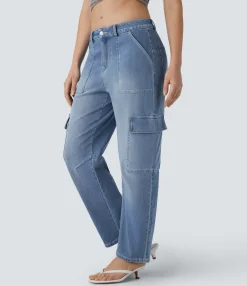 Jeans<HALARA Flex™ Mid Rise Pockets Washed Casual Barrel Cargo Jeans