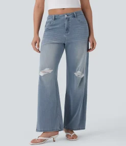 Jeans<HALARA Flex™ Mid Rise Ripped Washed Casual Baggy Jeans With Pockets