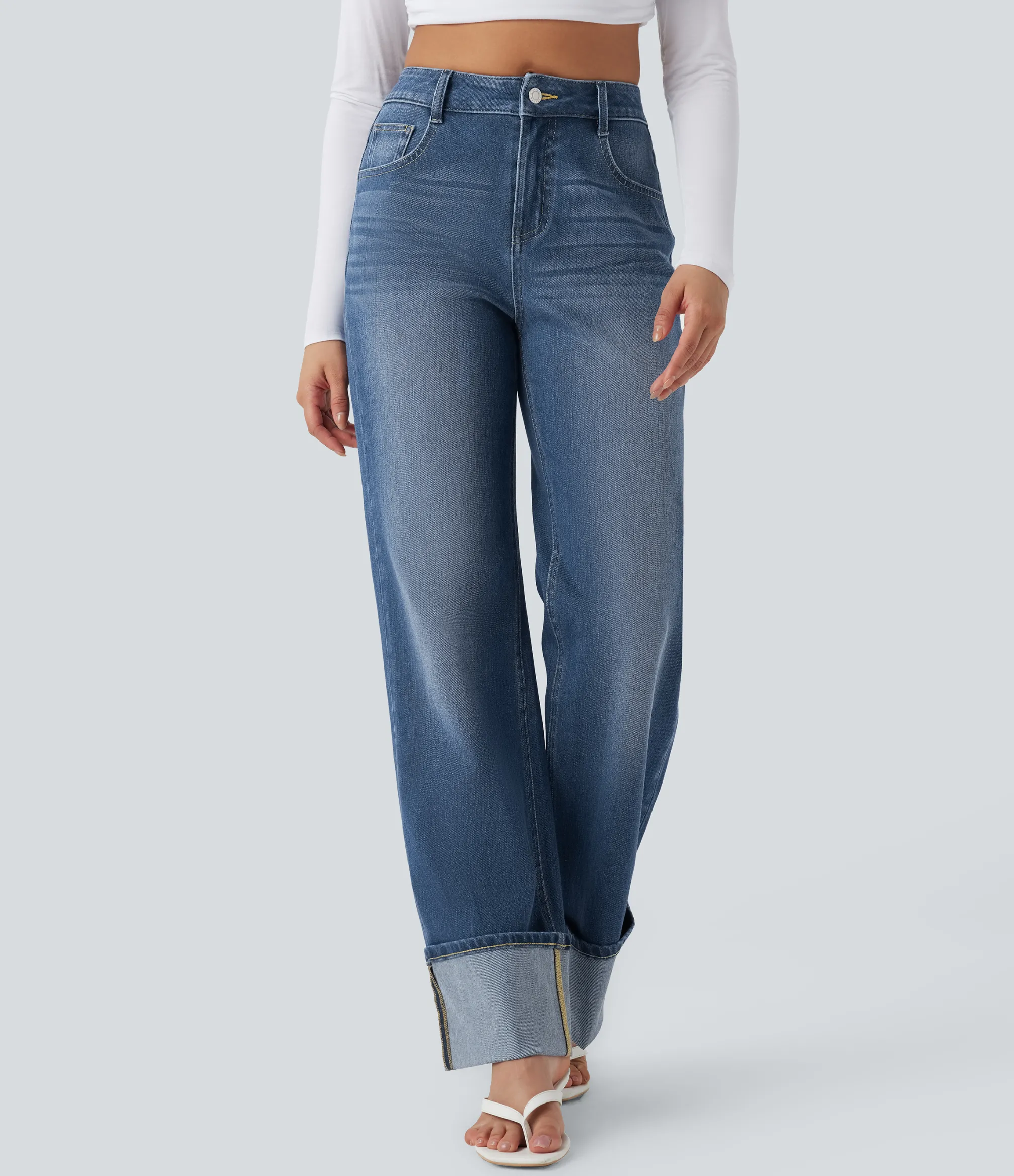 Straight-Leg Jeans|Jeans<HALARA Flex™ Mid Rise Rolled Hem Casual Straight Leg Jeans with Pockets