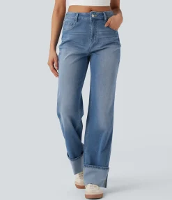 Straight-Leg Jeans|Jeans<HALARA Flex™ Mid Rise Rolled Hem Casual Straight Leg Jeans with Pockets
