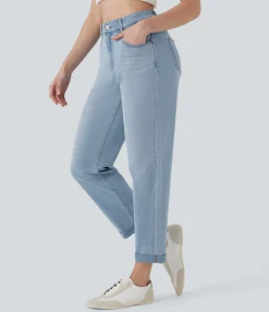 Straight-Leg Jeans|Jeans<HALARA Flex™ Mid Rise Straight Leg Washed Casual Jeans with Pockets