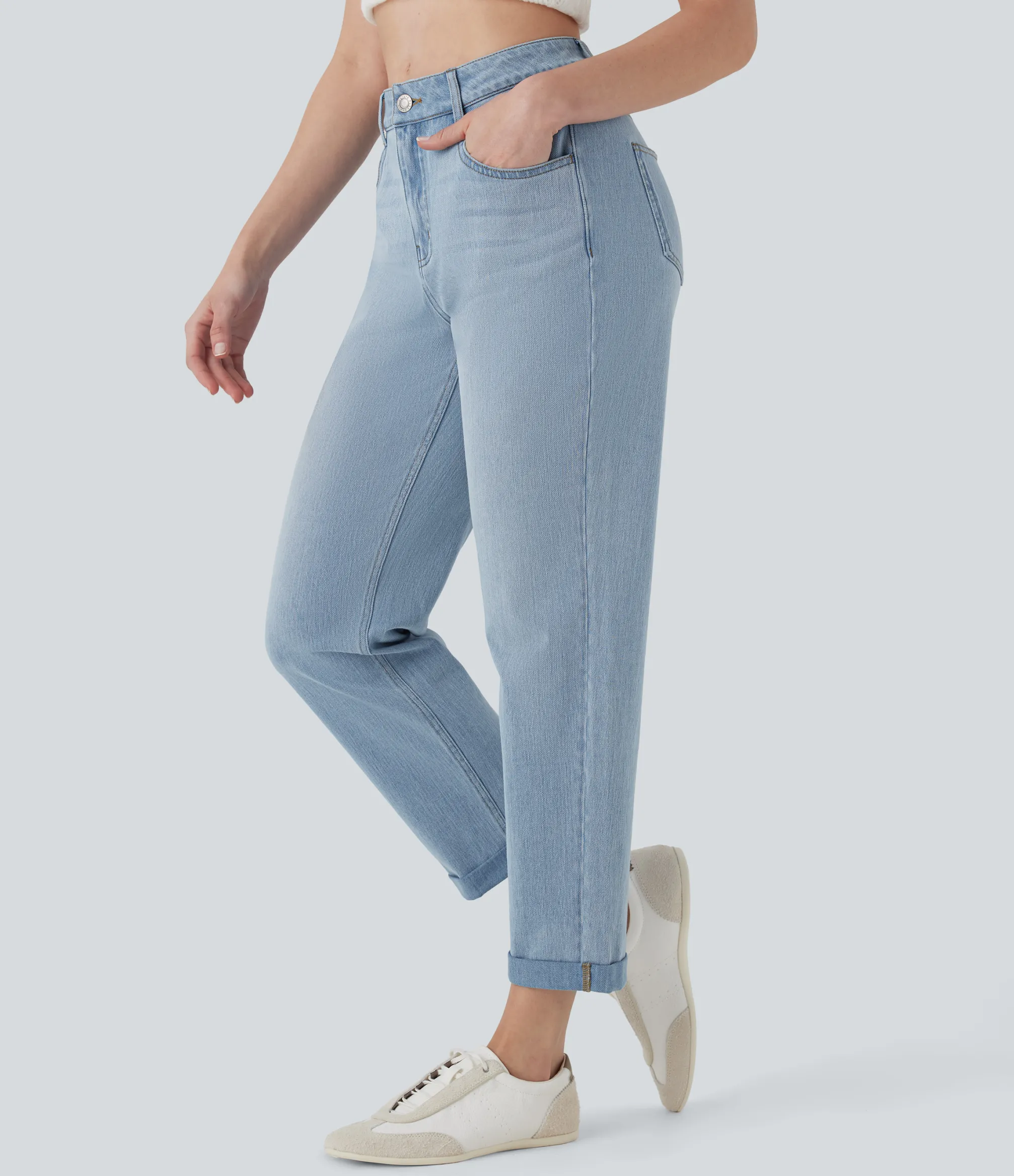 Straight-Leg Jeans|Jeans<HALARA Flex™ Mid Rise Straight Leg Washed Casual Jeans with Pockets