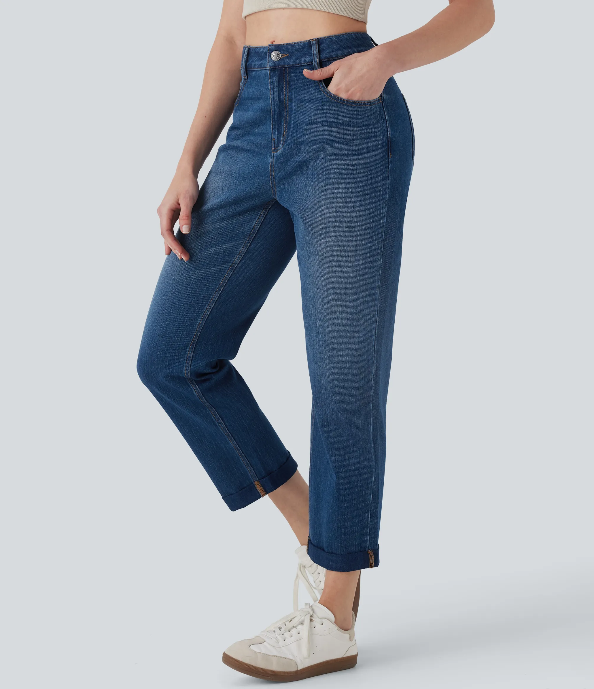Straight-Leg Jeans|Jeans<HALARA Flex™ Mid Rise Straight Leg Washed Casual Jeans with Pockets