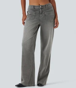 Straight-Leg Jeans|Jeans<HALARA Flex™ Mid Rise Straight Leg Casual Jeans with Pockets