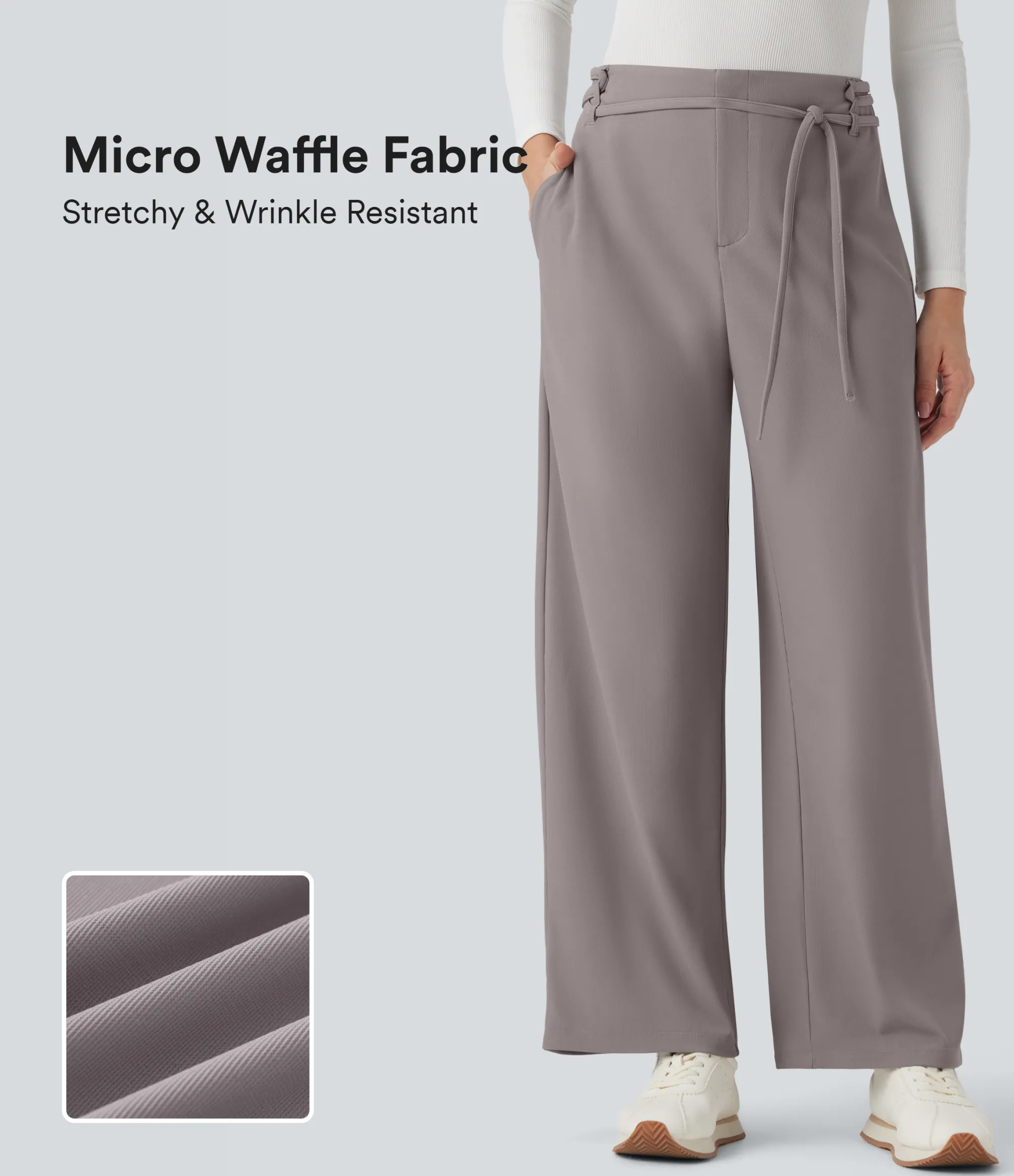 Pants|Straight-Leg Pants<HALARA Flex™ Mid Rise Tie Front Straight Leg Micro Waffle Work Pants with Pockets