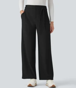 Pants|Straight-Leg Pants<HALARA Flex™ Mid Rise Tie Front Straight Leg Micro Waffle Work Pants with Pockets