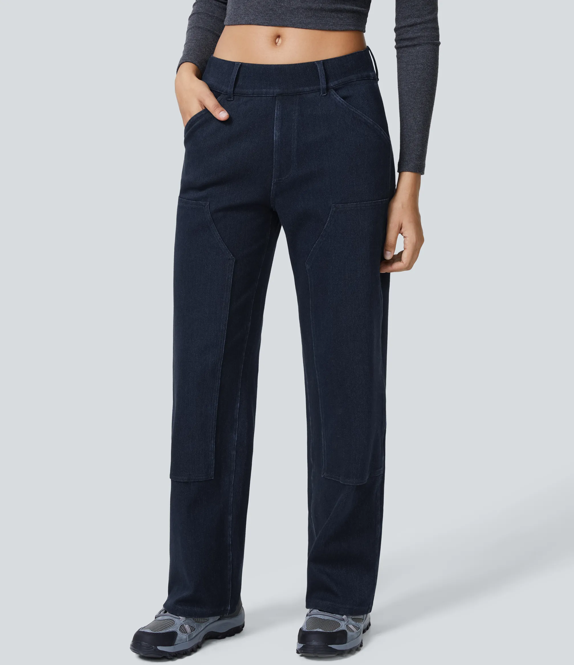 Straight-Leg Jeans|Jeans<HALARA Flex™ Mid Rise Utility Pockets Straight Leg Lumberjack Style Casual Boyfriend Jeans