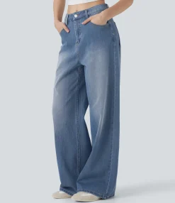 Jeans<HALARA Flex™ Mid Rise Washed Casual Baggy Jeans with Pockets