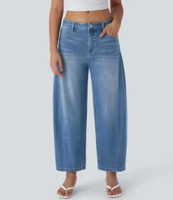 Jeans<HALARA Flex™ Mid Rise Washed Casual Barrel Leg Jeans with Pockets
