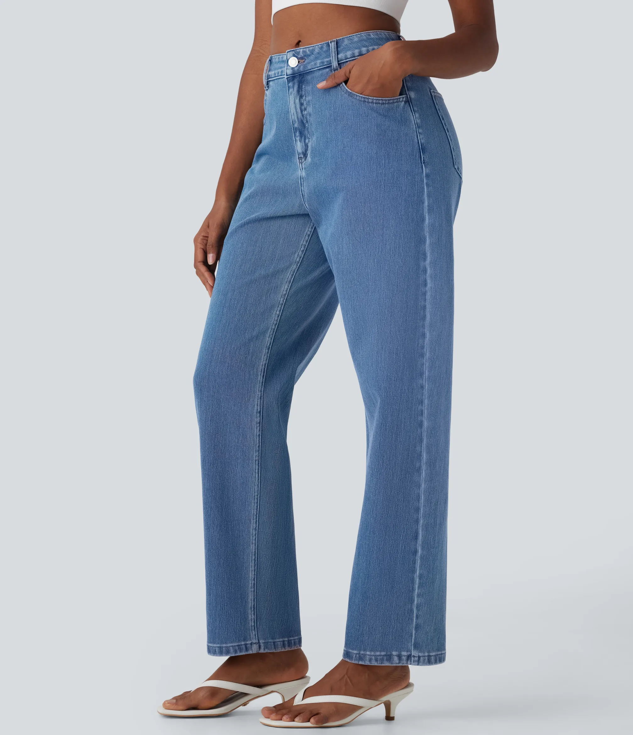 Jeans<HALARA Flex™ Mid Rise Washed Casual Baggy Jeans with Pockets