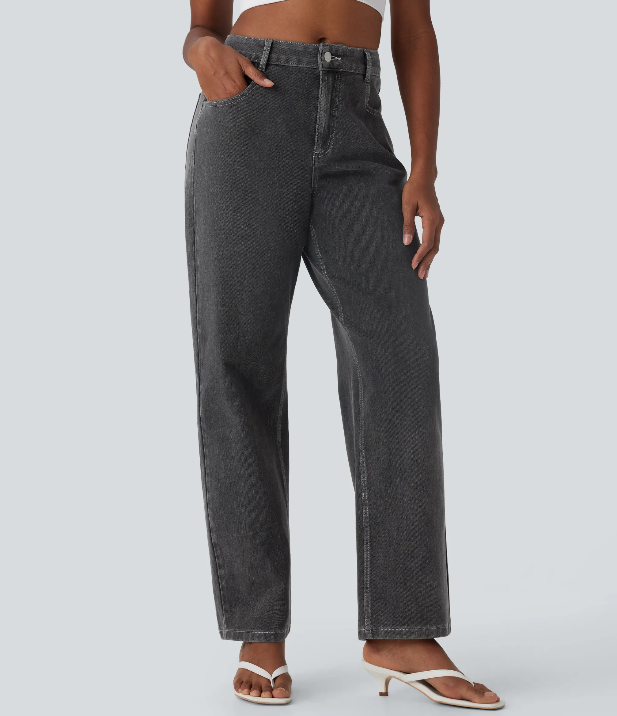 Jeans<HALARA Flex™ Mid Rise Washed Casual Baggy Jeans with Pockets