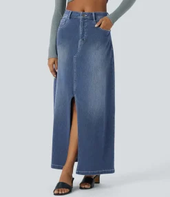 Denim Skirts|Maxi & Midi Skirts<HALARA Flex™ Mid Rise Zipper Pockets A Line Denim Maxi Casual Skirt