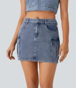 Denim Skirts|Mini Skirts<HALARA Flex™ Mid Rise Zipper Pockets Denim Mini Casual Cargo Skirt