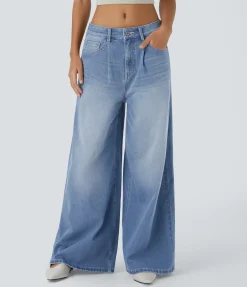 Wide Leg Jeans|Jeans<HALARA Flex™ Mid Rise Zipper Pockets Baggy Wide Leg Washed Casual Jeans