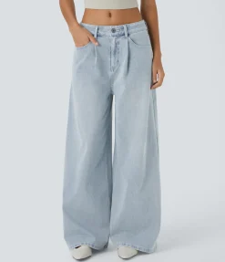 Wide Leg Jeans|Jeans<HALARA Flex™ Mid Rise Zipper Pockets Baggy Wide Leg Washed Casual Jeans