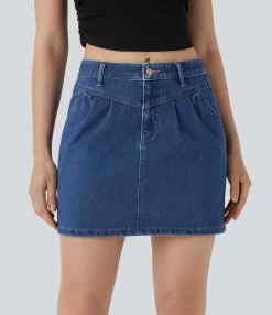 Denim Skirts|Mini Skirts<HALARA Flex™ Mid Rise Zipper A Line Denim Mini Casual Skirt with Pockets