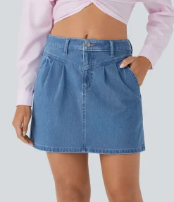 Denim Skirts|Mini Skirts<HALARA Flex™ Mid Rise Zipper A Line Denim Mini Casual Skirt with Pockets