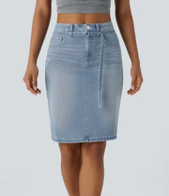 Denim Skirts|Maxi & Midi Skirts<HALARA Flex™ Mid Rise Zipper Pockets Washed Denim Midi Casual Skirt