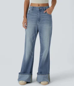 Wide Leg Jeans|Jeans<HALARA Flex™ Mid Rise Zipper Pockets Washed Baggy Wide Leg Casual Jeans