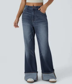 Wide Leg Jeans|Jeans<HALARA Flex™ Mid Rise Zipper Pockets Washed Baggy Wide Leg Casual Jeans