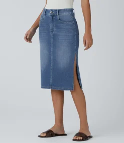Denim Skirts|Maxi & Midi Skirts<HALARA Flex™ Mid Rise Zipper Pockets Denim Casual Midi Skirt