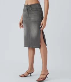 Denim Skirts|Maxi & Midi Skirts<HALARA Flex™ Mid Rise Zipper Pockets Denim Casual Midi Skirt