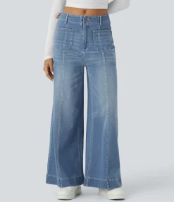 Wide Leg Jeans|Jeans<HALARA Flex™ Mid Rise Zipper Pocket Wide Leg Washed Casual Jeans