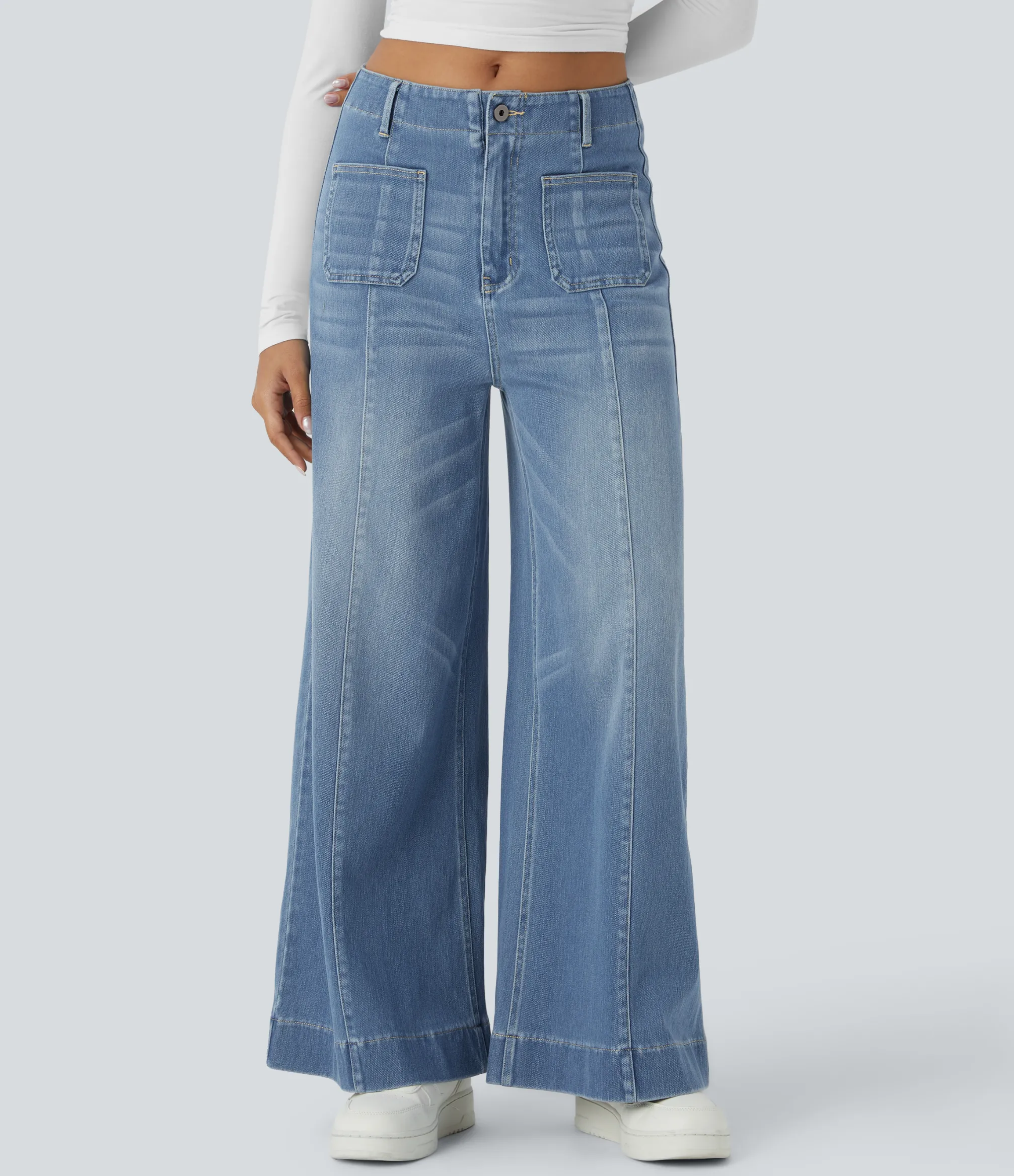 Wide Leg Jeans|Jeans<HALARA Flex™ Mid Rise Zipper Pocket Wide Leg Washed Casual Jeans