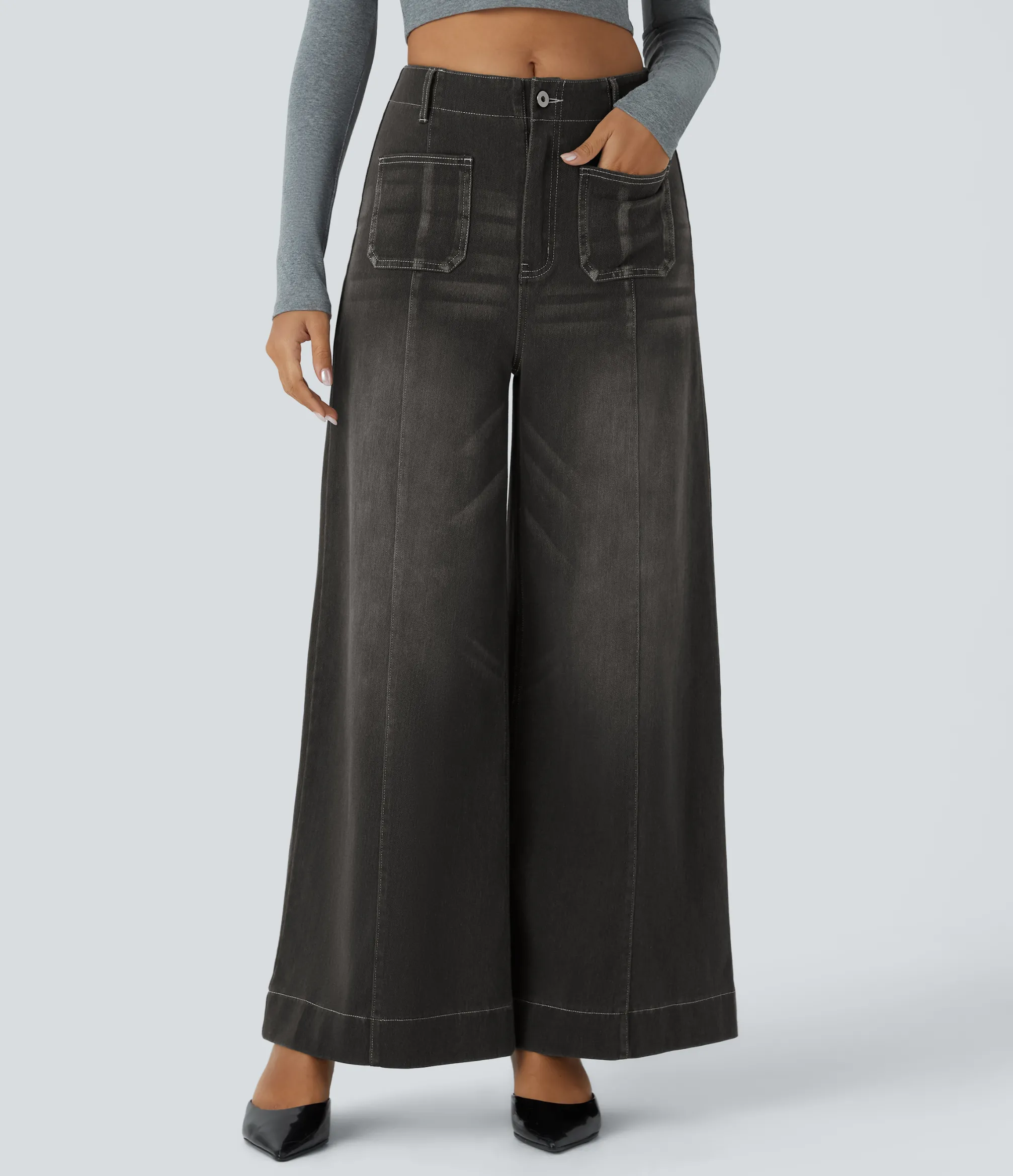 Wide Leg Jeans|Jeans<HALARA Flex™ Mid Rise Zipper Pocket Wide Leg Washed Casual Jeans