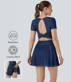 Denim Dresses|Mini Dresses<HALARA Flex™ Pleated Hem 2-in-1 Cool Touch Washed Denim Tennis Active Dress with Pockets
