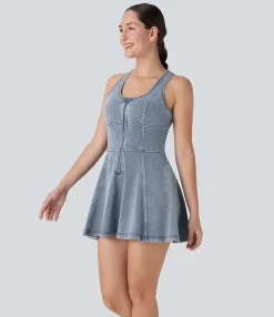 Denim Dresses|Mini Dresses<HALARA Flex™ Racerback Sleeveless Half Zipper Mini Washed Denim Casual Dress