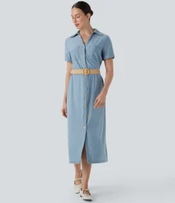 Denim Dresses|Denim Dresses<HALARA Flex™ Short Sleeve Denim Midi Casual Dress with Pockets