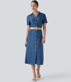 Denim Dresses|Denim Dresses<HALARA Flex™ Short Sleeve Denim Midi Casual Dress with Pockets