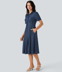 Denim Dresses|Denim Dresses<HALARA Flex™ Short Sleeve Pocket Denim Flare Midi Casual Dress