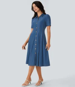 Denim Dresses|Denim Dresses<HALARA Flex™ Short Sleeve Pocket Denim Flare Midi Casual Dress