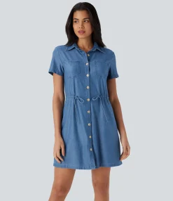 Denim Dresses|Denim Dresses<HALARA Flex™ Short Sleeve Pocket Drawstring Denim Mini Casual Dress