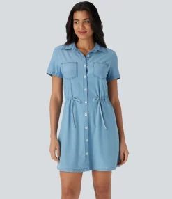Denim Dresses|Denim Dresses<HALARA Flex™ Short Sleeve Pocket Drawstring Denim Mini Casual Dress