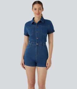 Jumpsuits<HALARA Flex™ Short Sleeve Washed Denim Casual Utility Romper with Pockets