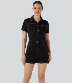 Jumpsuits<HALARA Flex™ Short Sleeve Washed Denim Casual Utility Romper with Pockets
