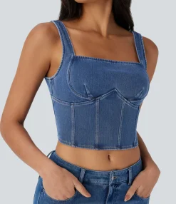 Casual Tops|Tank Tops & Camis<HALARA Flex™ Square Neck Corset Cropped Denim Casual Tank Top