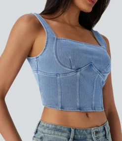 Casual Tops|Tank Tops & Camis<HALARA Flex™ Square Neck Corset Cropped Denim Casual Tank Top